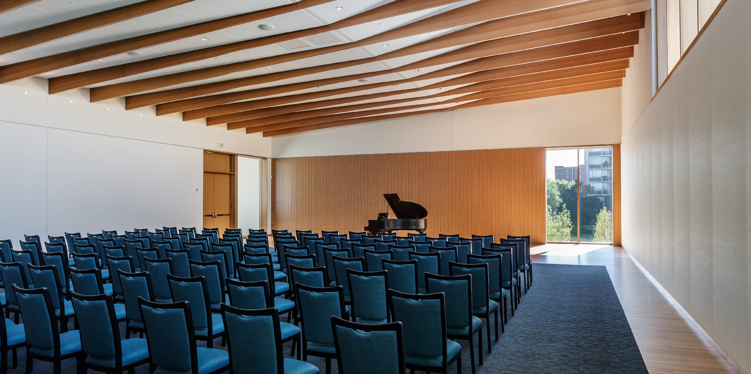 Chairs set up for a corporate presentation in Larson hall