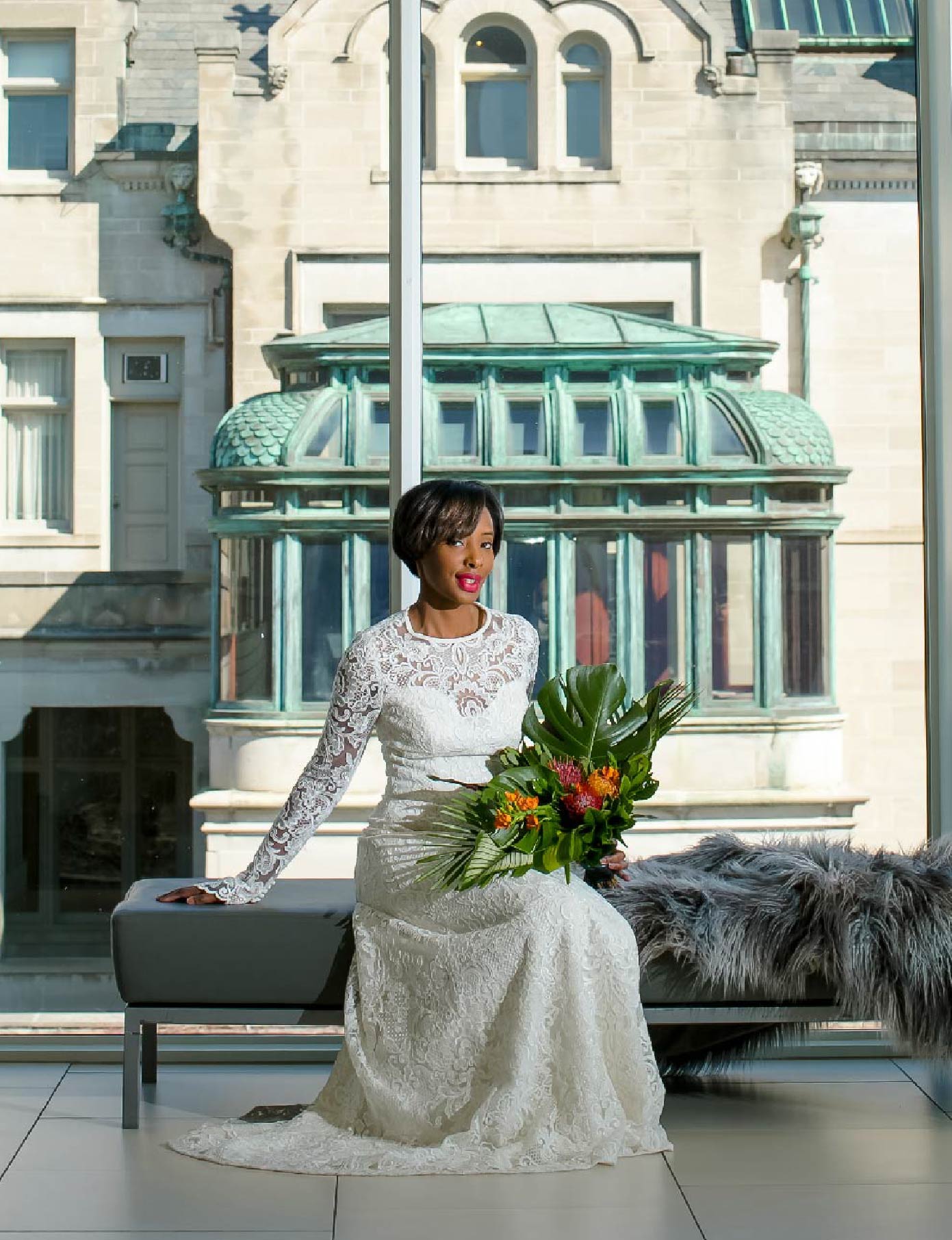 Bridal portrait sitting with American Swedish Insitute historical museum in the background